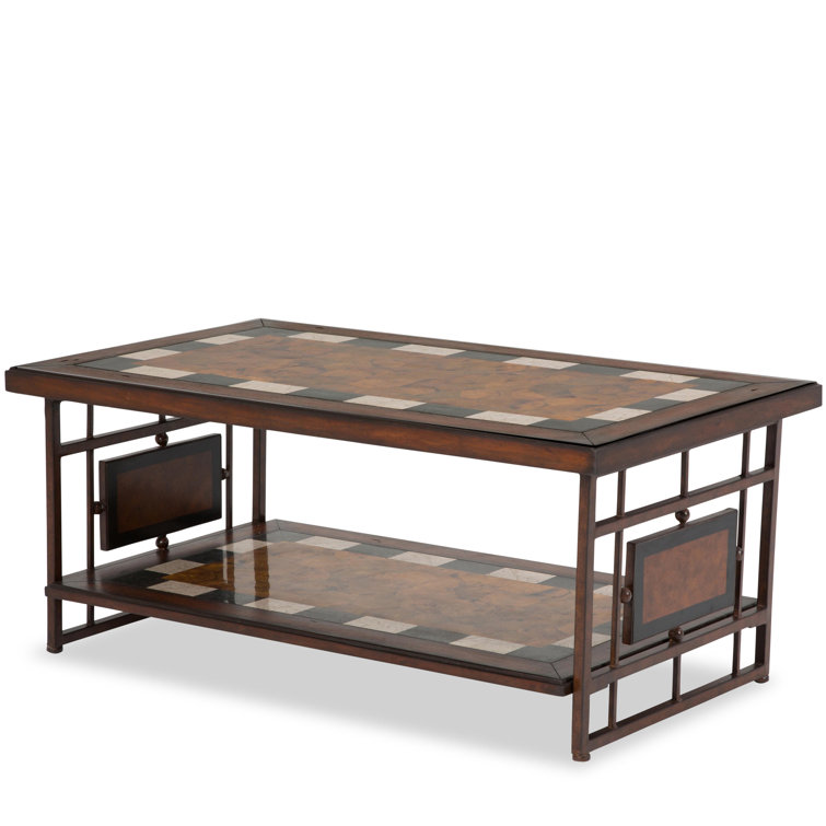 Industrial Rectangular 48" Wood & Metal Coffee Table with Brass Accents