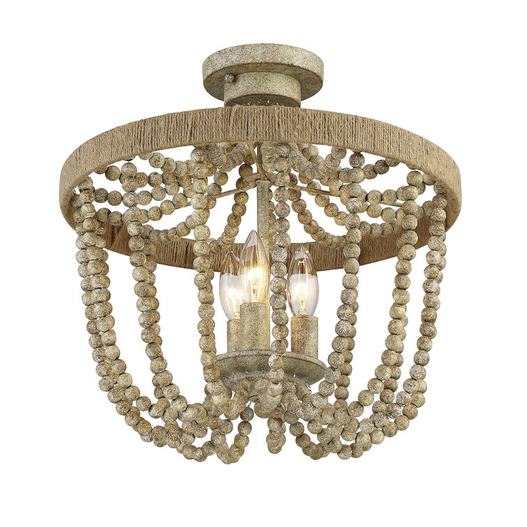 Natural Wood and Rope 3-Light Semi-Flush Mount Ceiling Light