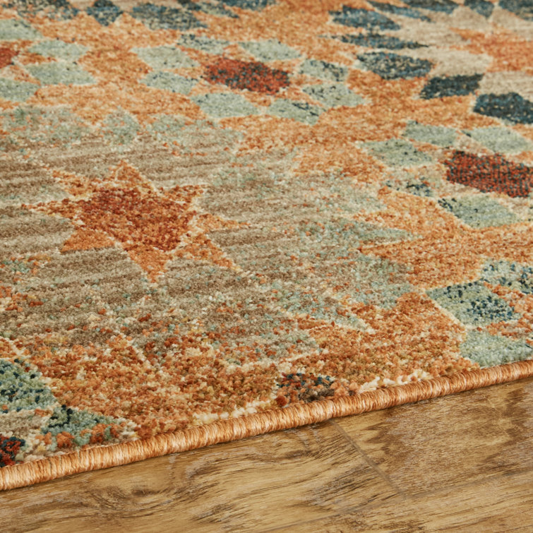 Saffron Orange and Turquoise Floral Synthetic Area Rug