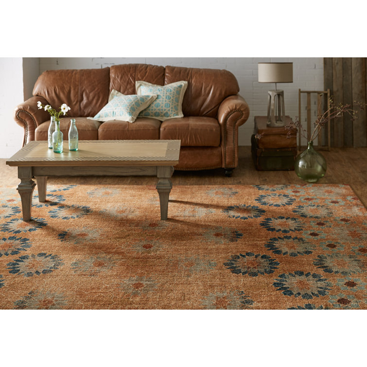 Saffron Orange and Turquoise Floral Synthetic Area Rug