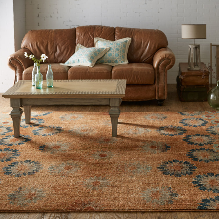 Saffron Orange and Turquoise Floral Synthetic Area Rug