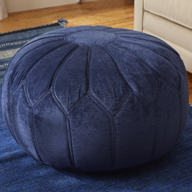 Blue Floral Oversized Round Pouf Ottoman with White Stitching