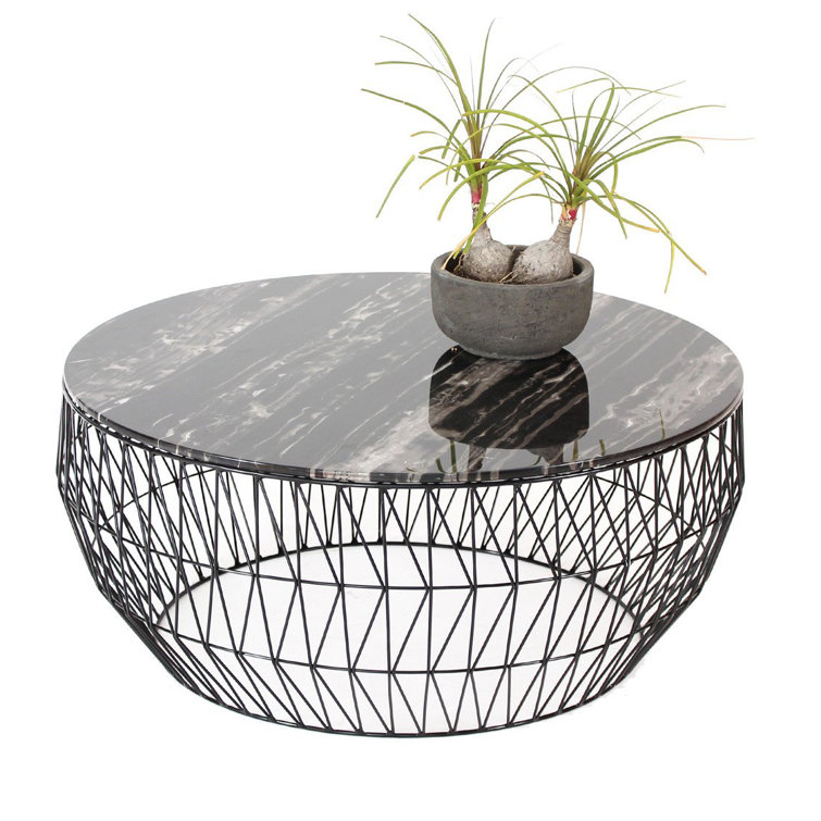 Lounge-Height Round Black Metal and Glass/Marble Coffee Table