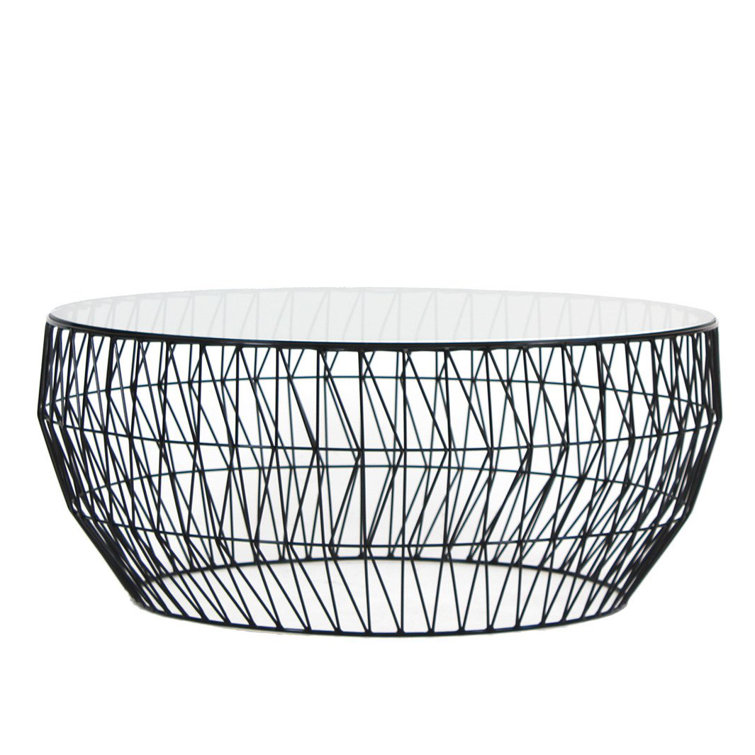 Lounge-Height Round Black Metal and Glass/Marble Coffee Table