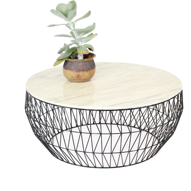 Lounge-Height Round Black Metal and Glass/Marble Coffee Table