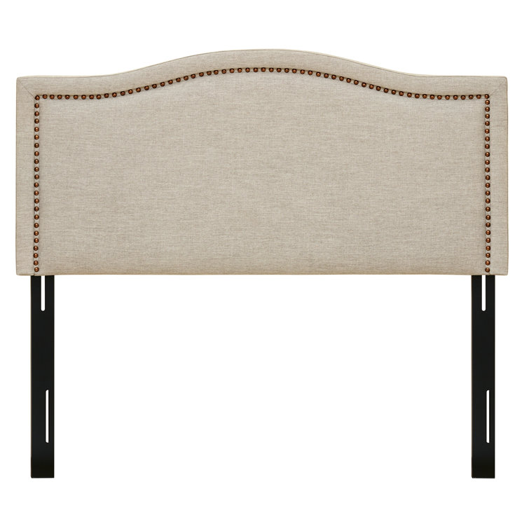 Beige Queen Upholstered Headboard with Nailhead Trim