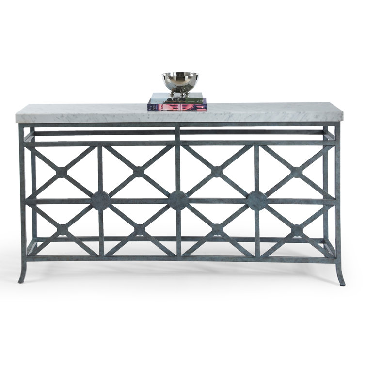 Eton Manor 66'' Green Patinated Steel Console with Marble Veneer