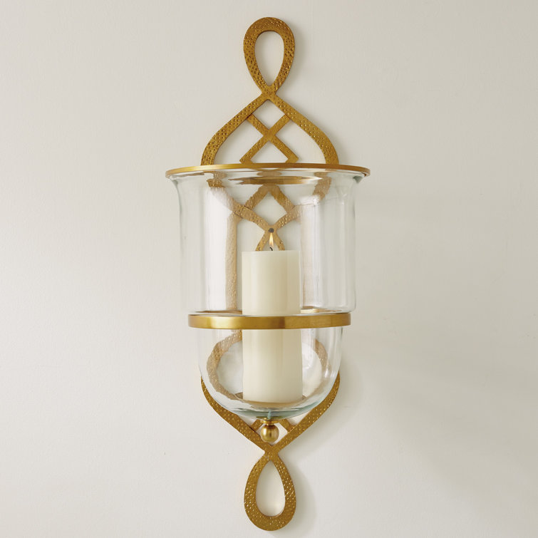Grand Fret Gold Hand-Forged Iron Wall Sconce with Glass Hurricane