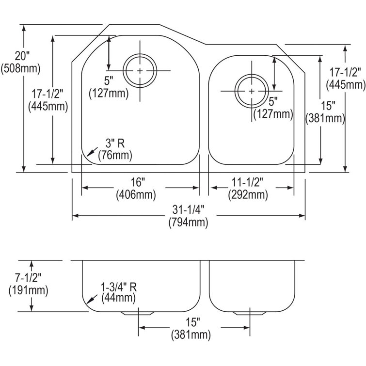 Lustertone 31" Stainless Steel Double Basin Undermount Kitchen Sink