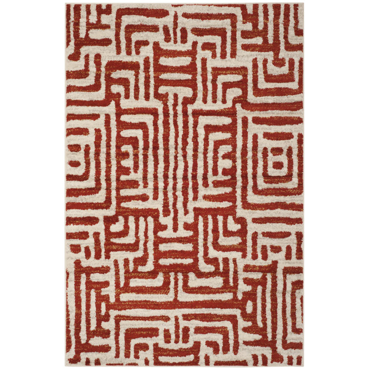 Ivory and Terracotta Geometric Synthetic 4' x 6' Area Rug