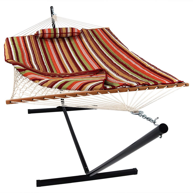 Tropical Orange Cotton Rope Hammock with Steel Stand and Quilted Pad