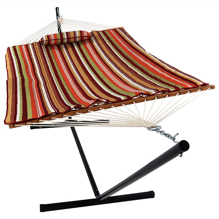 Tropical Orange Cotton Rope Hammock with Steel Stand and Quilted Pad