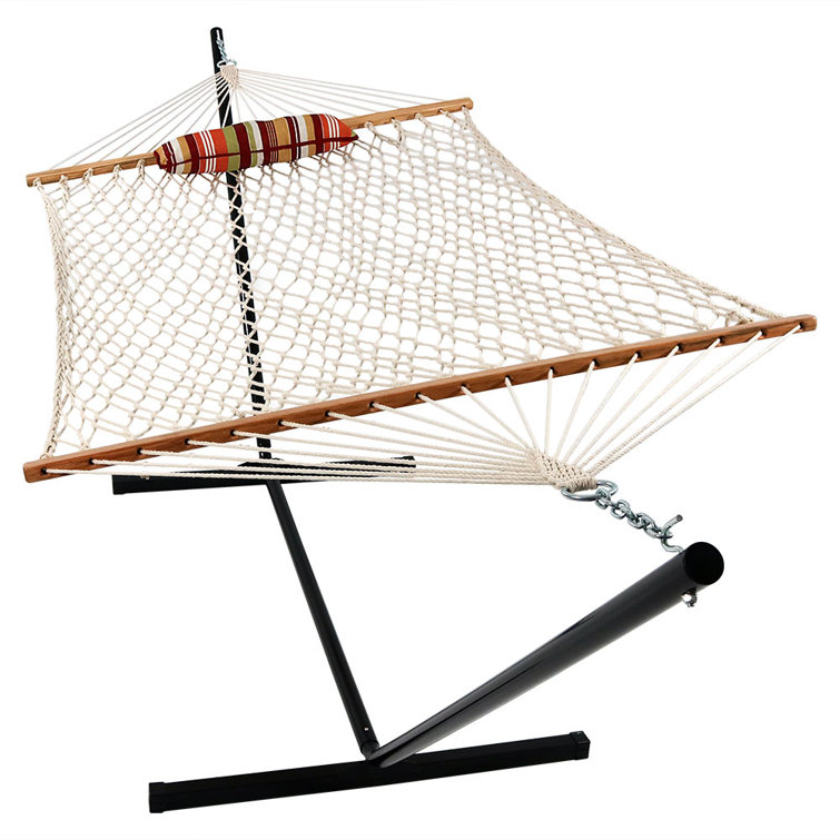 Tropical Orange Cotton Rope Hammock with Steel Stand and Quilted Pad