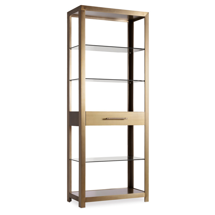 Brushed Brass and Glass Tall Adjustable Bookcase with Drawer