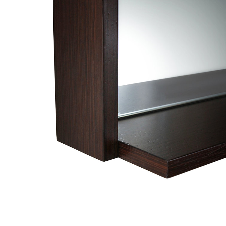 Wenge Brown Rectangular Wood Vanity Mirror with Shelf
