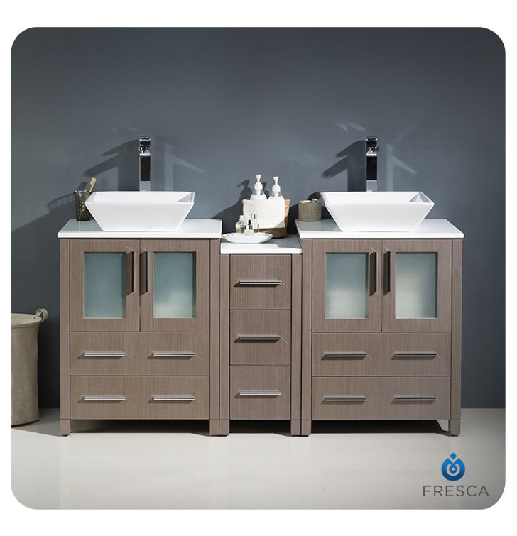 Gray Oak 60" Double Vessel Sink Freestanding Vanity with Ceramic Top