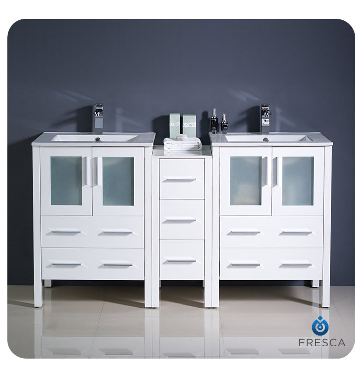 White 60" Freestanding Double Sink Vanity with Ceramic Sinks