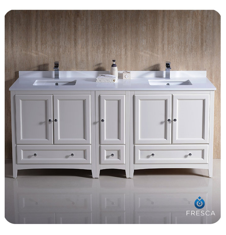 Oxford 72" Antique White Quartz Double Sink Freestanding Vanity