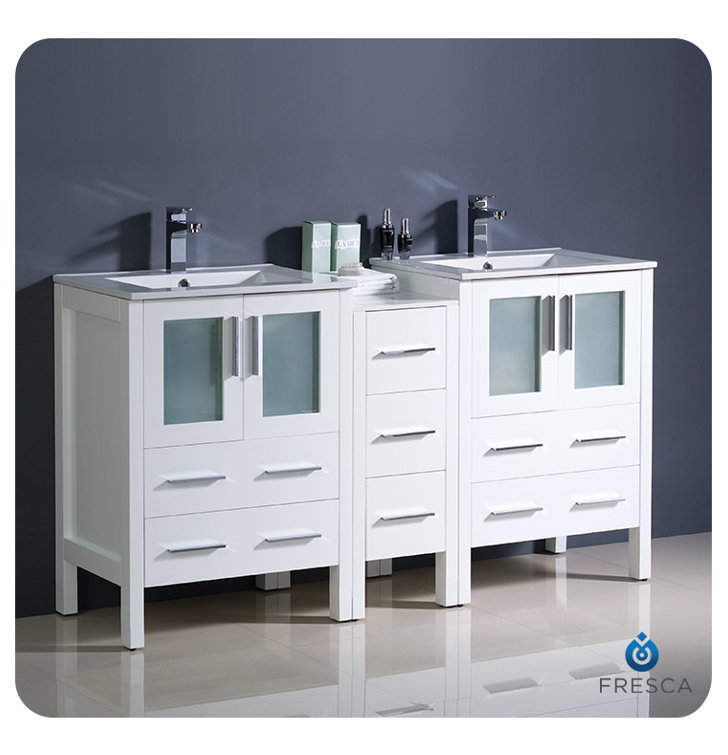 White 60" Freestanding Double Sink Vanity with Ceramic Sinks