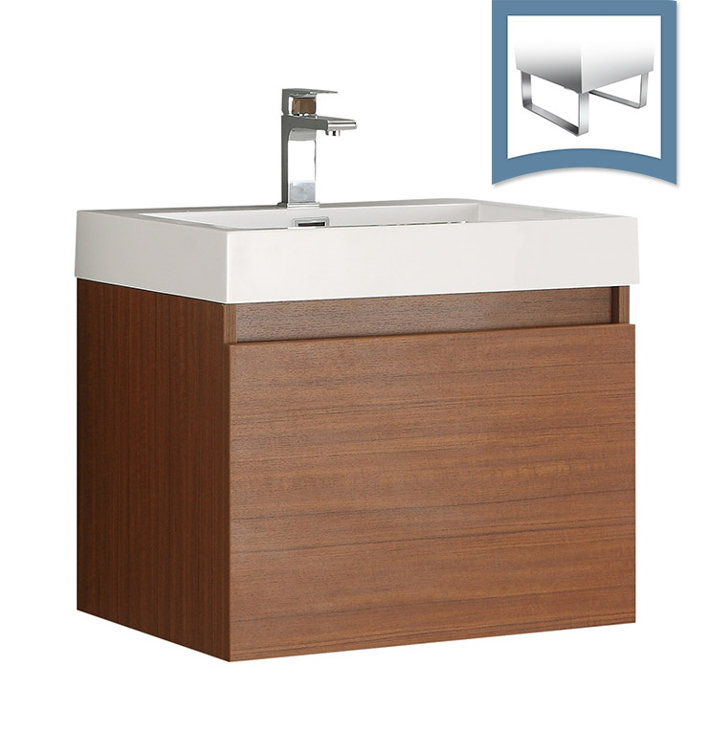 Teak Wall-Mounted Single Sink Vanity with Acrylic Top