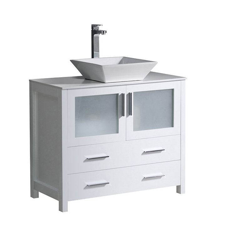 White Ceramic Top Freestanding Modern Bathroom Vanity with Vessel Sink