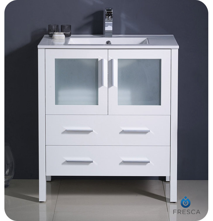 White 30" Modern Freestanding Bathroom Vanity with Ceramic Top