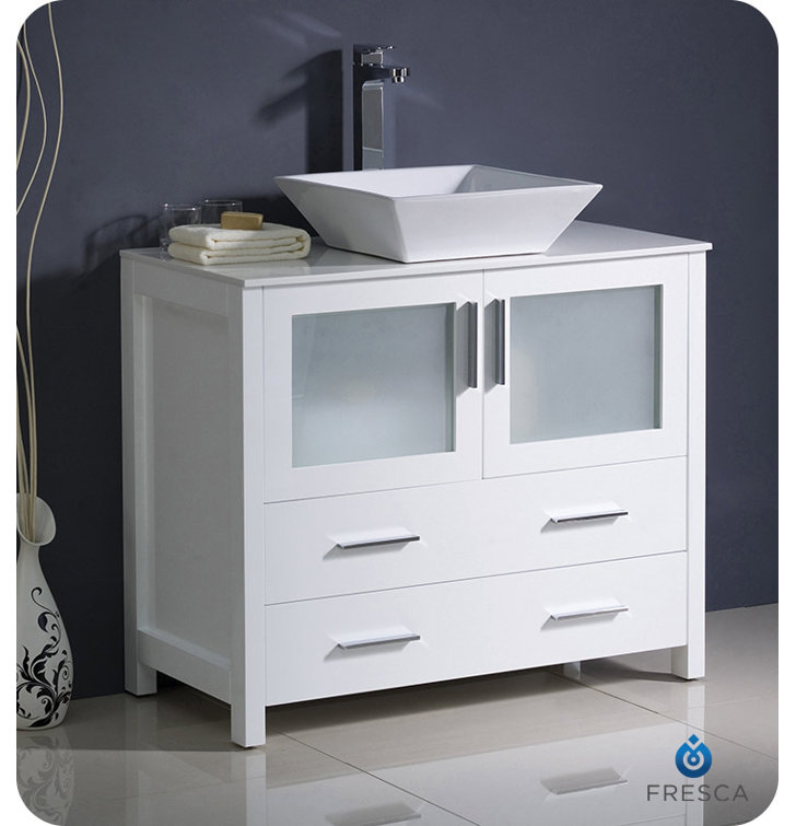 White Ceramic Top Freestanding Modern Bathroom Vanity with Vessel Sink