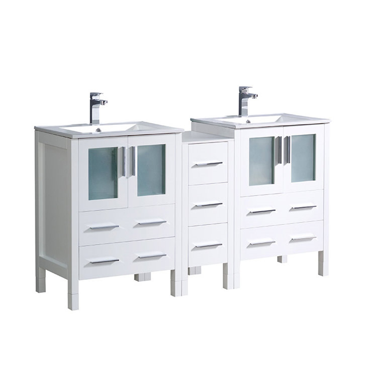 White 60" Freestanding Double Sink Vanity with Ceramic Sinks
