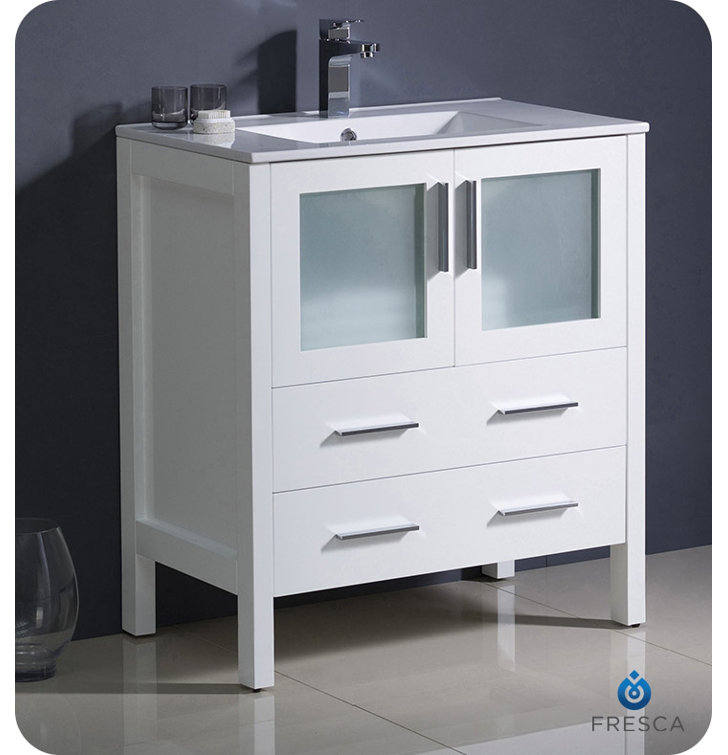White 30" Modern Freestanding Bathroom Vanity with Ceramic Top