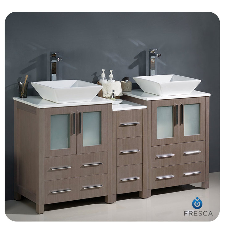 Gray Oak 60" Double Vessel Sink Freestanding Vanity with Ceramic Top