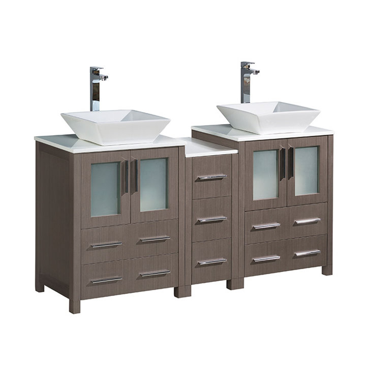 Gray Oak 60" Double Vessel Sink Freestanding Vanity with Ceramic Top