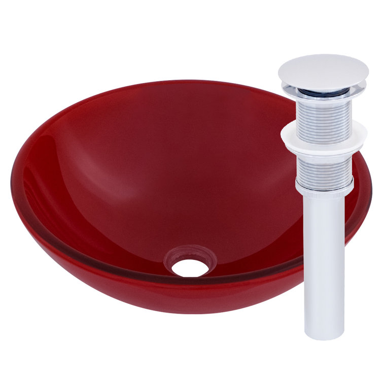 16.5'' Red Glass Round Vessel Bathroom Sink with Chrome Drain