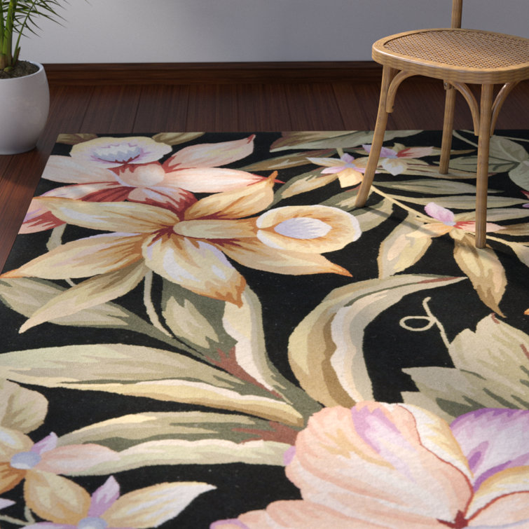Handmade Black Floral Wool Rug, 8' x 10'