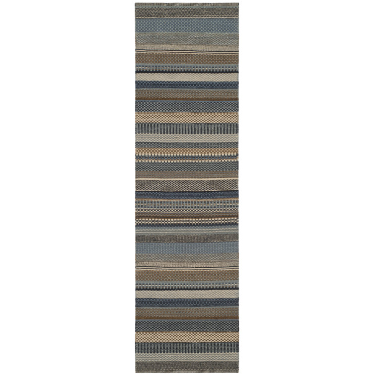 Blue and Beige Wool Handwoven Striped Runner Rug