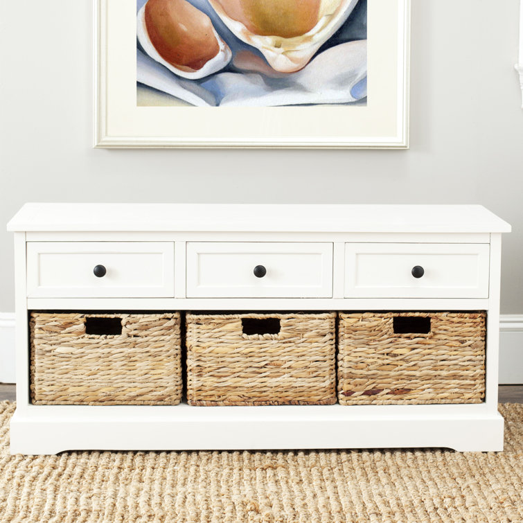 Distressed Cream Pine Storage Bench with 3 Drawers & Wicker Baskets
