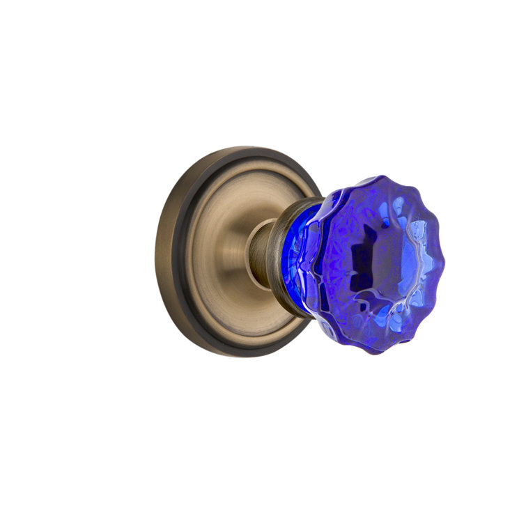 Antique Brass Passage Door Knob with Crystal Cobalt Glass