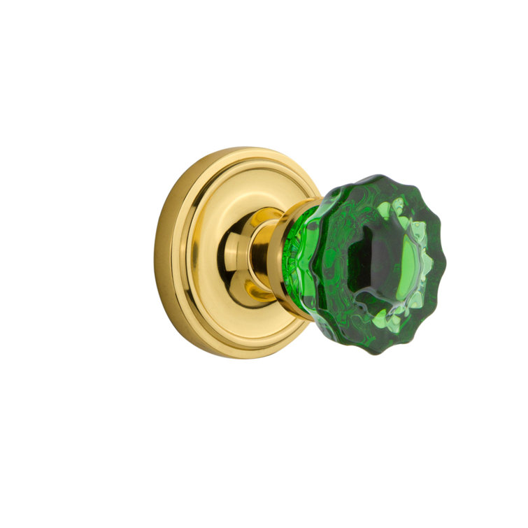 Unlaquered Brass Classic Rosette with Crystal Emerald Door Knob