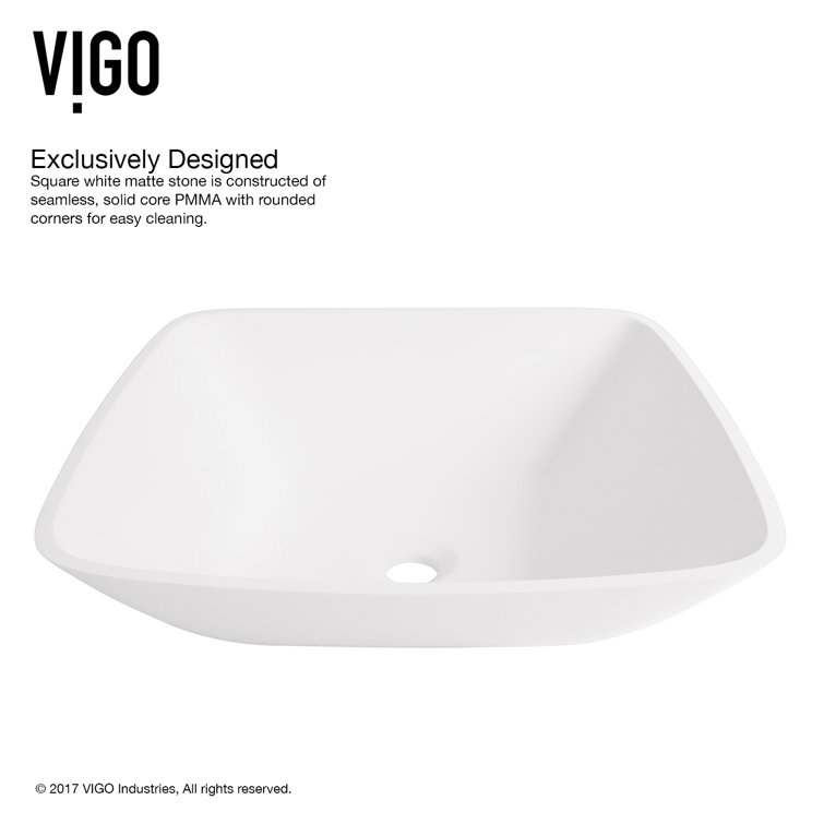 Elegant Matte White 13.75'' Square Stone Vessel Bathroom Sink