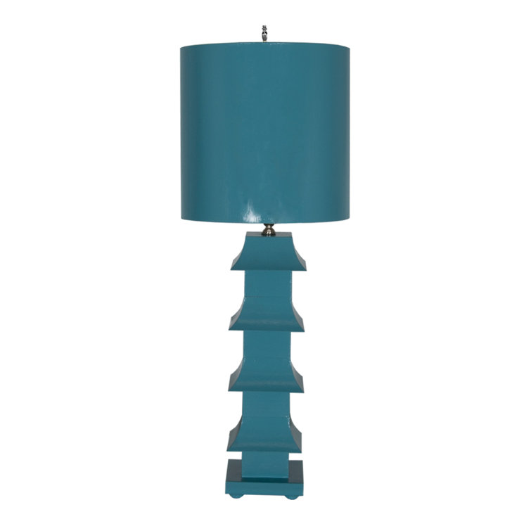Turquoise Metal Pagoda-Style Table Lamp with Painted Tole Shade