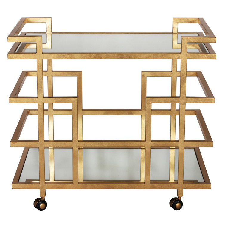 Ireland Gold Leaf Geometric Bar Cart with Mirrored Shelves