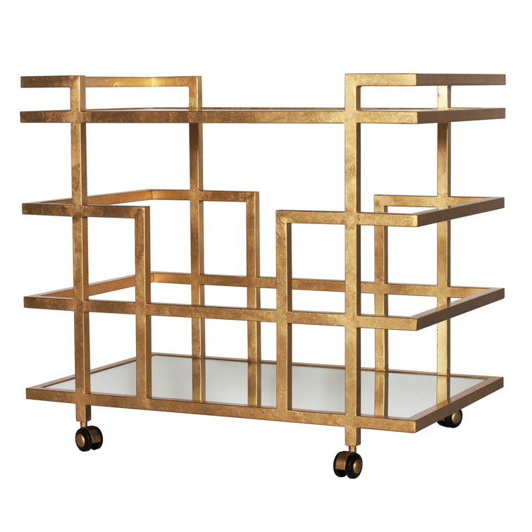 Ireland Gold Leaf Geometric Bar Cart with Mirrored Shelves