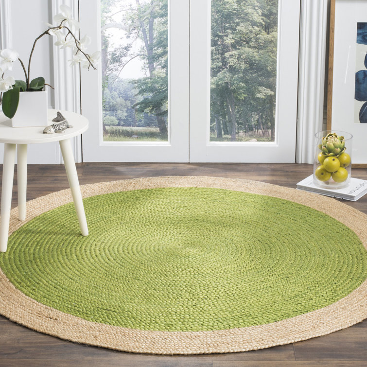 Green and Natural Round Braided Jute Rug, 5 ft