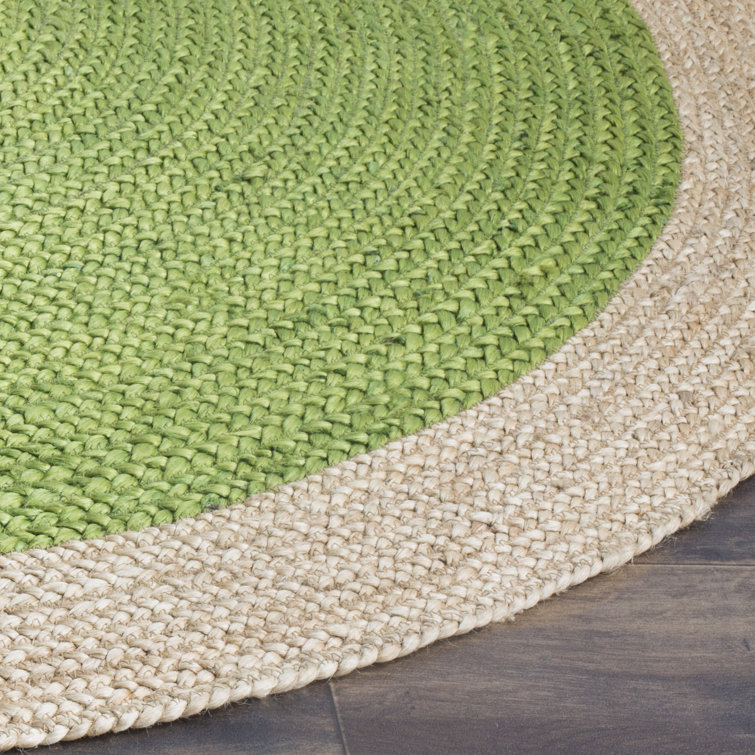 Green and Natural Round Braided Jute Rug, 5 ft