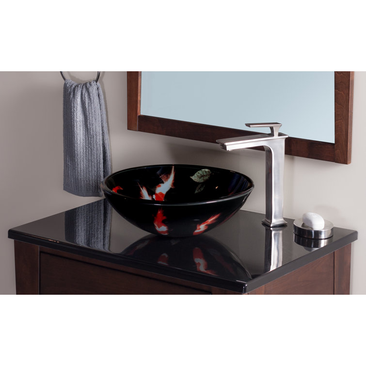 19'' Black and Orange Glass Vessel Sink with Koi Design