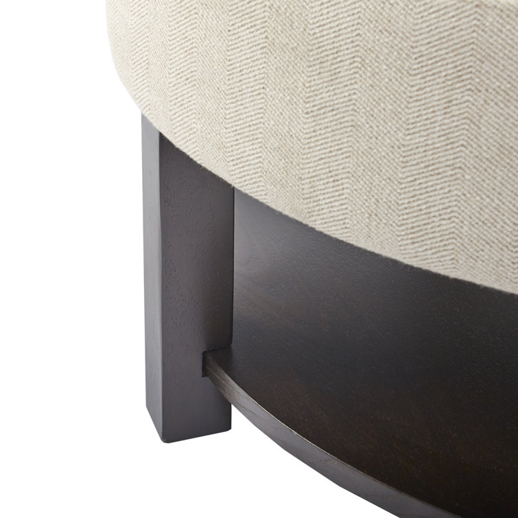 Cream Tufted Round Storage Ottoman with Veneer Shelf