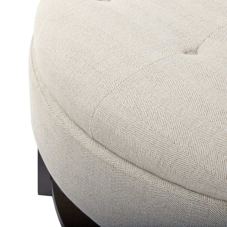 Cream Tufted Round Storage Ottoman with Veneer Shelf