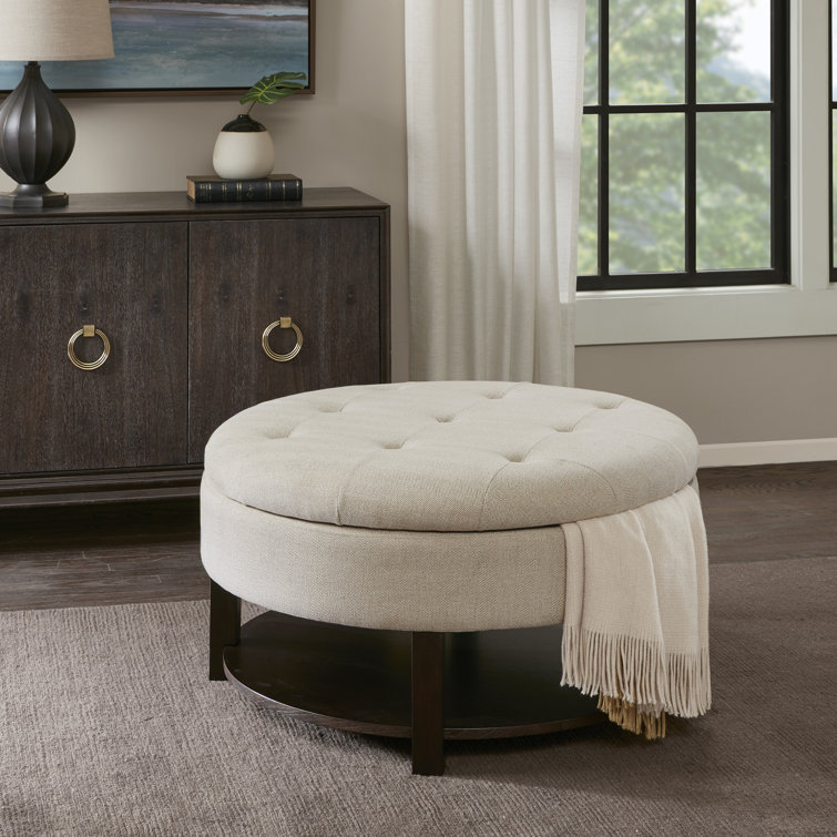 Cream Tufted Round Storage Ottoman with Veneer Shelf