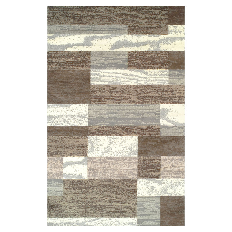 Light Blue and Ivory Geometric Patchwork Washable Rug