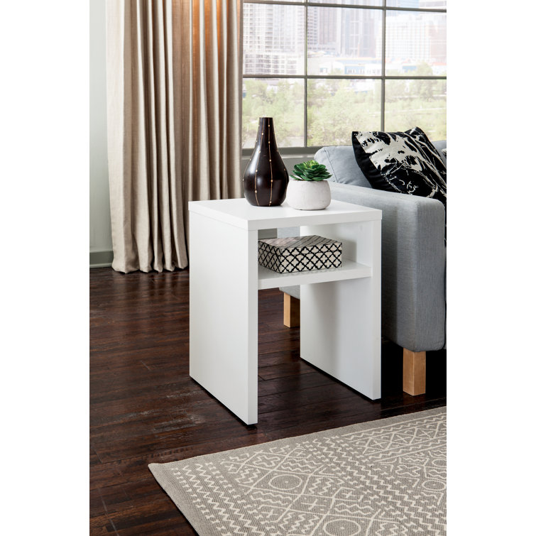 White Rectangular Wooden End Table with Storage Shelf