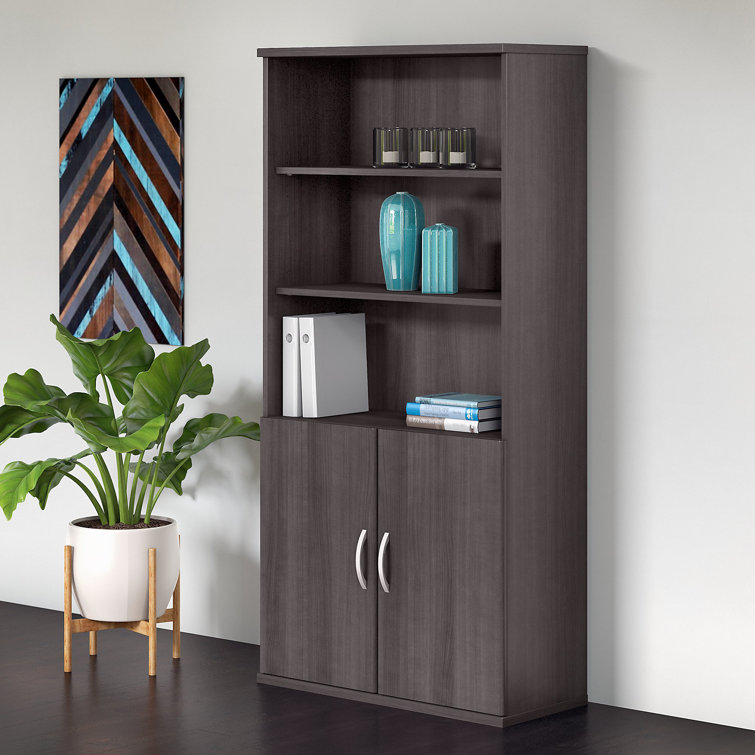 Storm Gray Contemporary 5-Shelf Bookcase with Adjustable Shelves and Doors